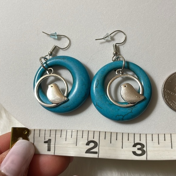 Silver Bird Turquoise Stone Hoop Drop Earrings - Picture 14 of 16